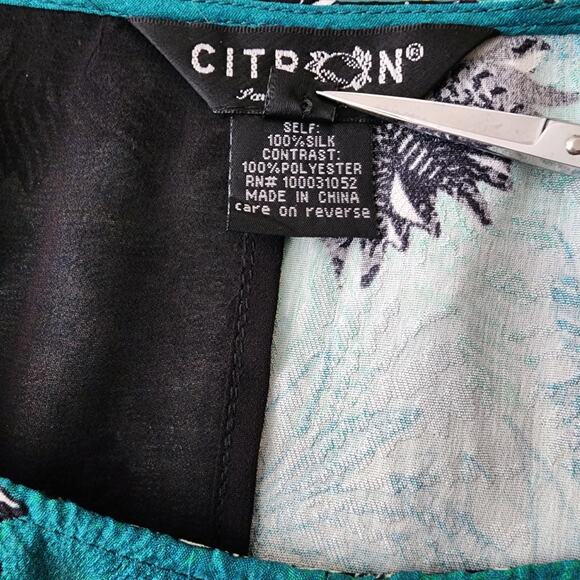 Citron Tunic Top Silk Floral Jacquard Aqua Black Art to Wear Size Medium Roomy - Picture 3 of 9